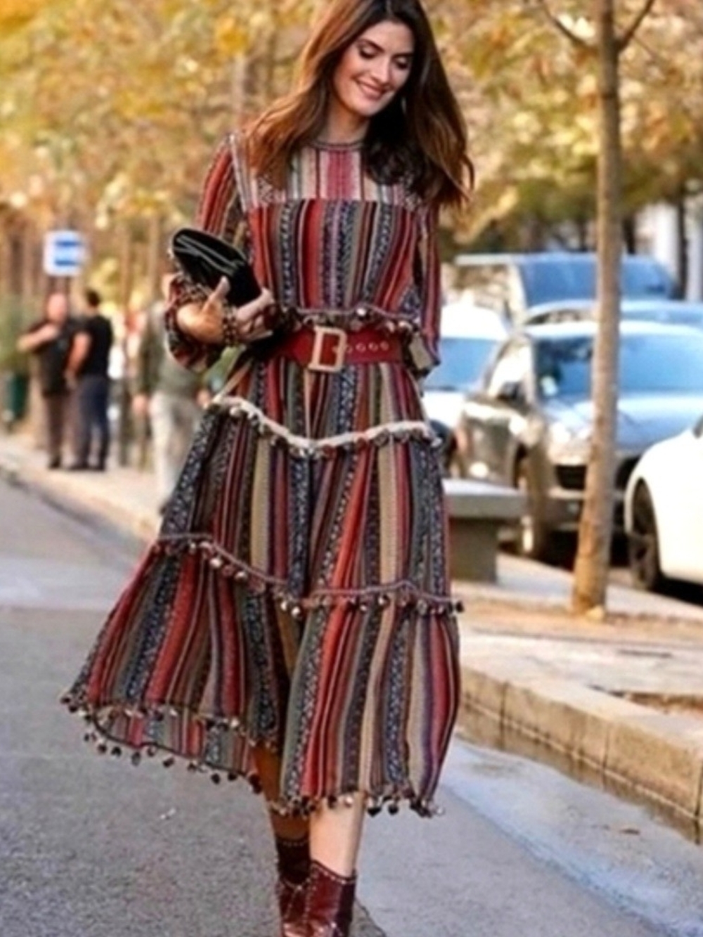 Zara Multicolor Striped Midi Dress with Pom Trim